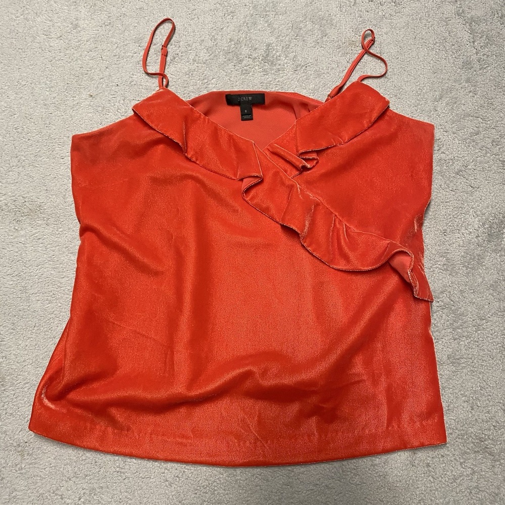 J Crew Velvet Top Womens 6 Red‎ Ruffle Tank Strap Sleeveless Holiday Fancy